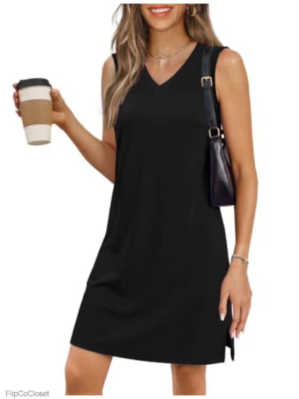 V-Neck Sleeveless Summer Casual Tank Sundress Swing Hem Side Splits